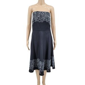 Ann Taylor Loft Strapless Linen A-line Dess Black with White Floral Embroidery